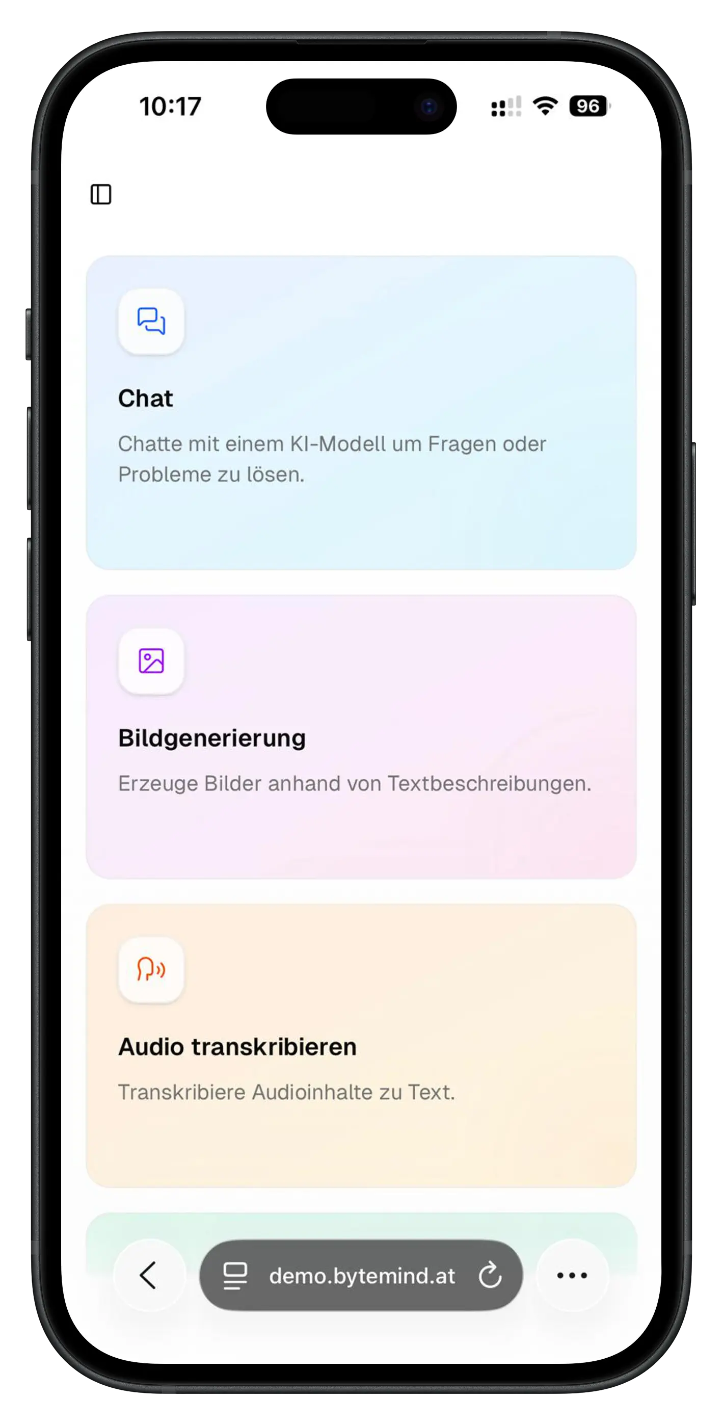 ownGPT Dashboard Interface mit verschiedenen KI-Funktionen